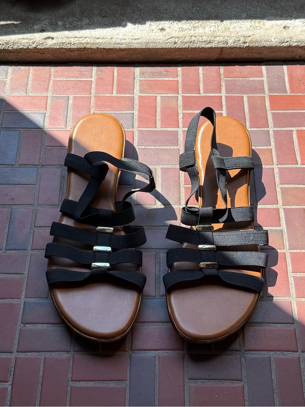 Italian Shoemakers Black Multi-Strap Sandals with Tan Footbed, Women’s 11